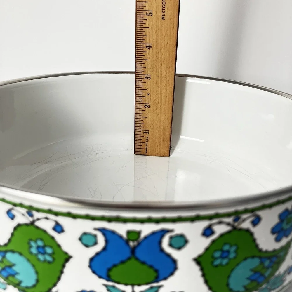 Vintage Fancipans Enamel Saucepan Lid Green Blue Bird Folk Art 1970s Retro Kitch